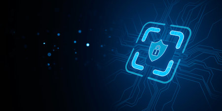 A digital illustration showing a cybersecurity concept with a shield symbol on a circuit board background. 3D Renderingの写真素材