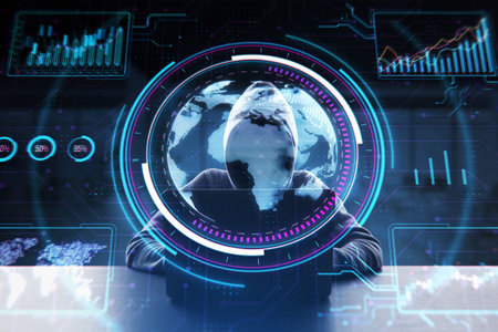 A person interacting with futuristic digital interfaces displaying global data and holographic elements on dark background, concept of high-tech businessの写真素材