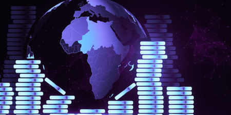 Stacked coins and blue map on dark background. Global trade and tax concept. 3D Rendering