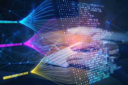 Close up of guy hands using keyboard with creative big data lines on dark background. Technology and...
