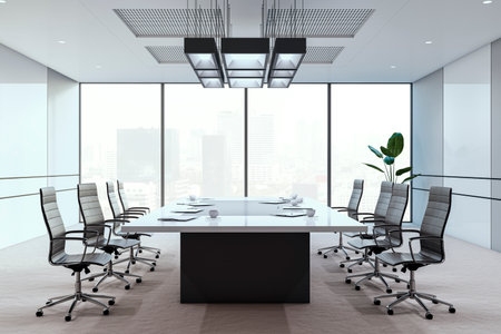 Clean bright meeting room interior with panoramic windows and city view. 3D Rendering