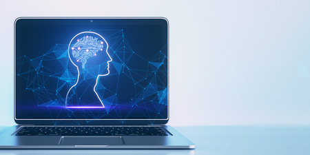 Close up of laptop with polygonal head outline and brain on blue background with mock up place....