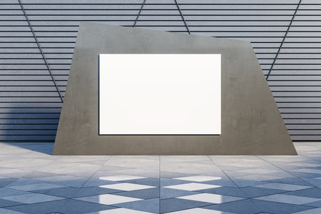 Modern gray linear wall outdoor exterior with white mock up banner and sunlight. 3D Rendering