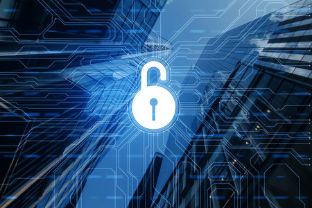 A digital concept of cybersecurity with a padlock icon overlaying a cityscape and circuit patterns,...