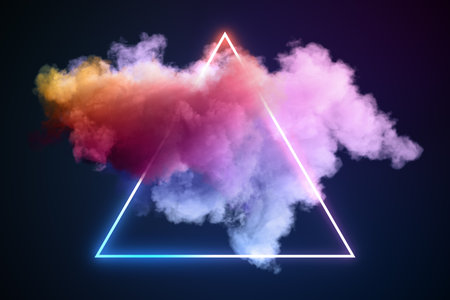 A neon triangle with colorful smoke inside on a dark background, conceptualizing creativity and...
