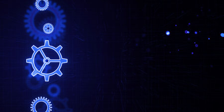A digital image of glowing blue gears on a dark blue background, symbolizing technology and...