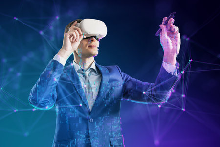 A man in a business suit engaging with virtual reality, surrounded by digital graphics, against a...