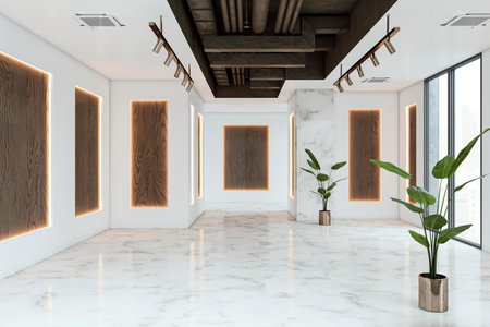 A modern gallery interior with illuminated wooden frames, marble walls, and a plant, on a light,...