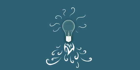 An illustrated light bulb with decorative swirls on a teal background, symbolizing creative inspiration or idea. 3D Renderingの写真素材