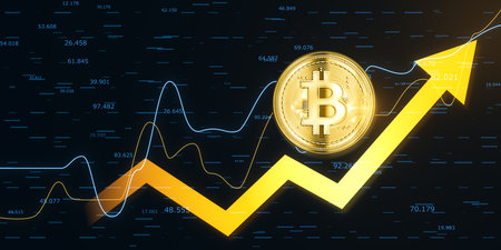 A golden Bitcoin on a digital graph chart with rising trend lines, set against a dark navy blue background, representing the concept of cryptocurrency growth. 3D Renderingの写真素材