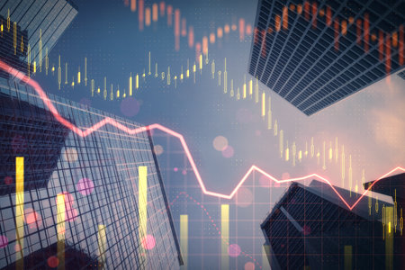 Skyscrapers with overlaying financial charts, capturing the concept of the real estate market on a...