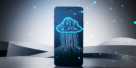 Smartphone displaying a neon blue circuit board cloud with connecting lines on a minimalistic gray...