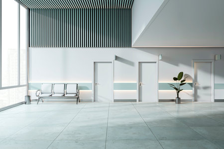 Modern medical clinic corridor with rows of chairs, doors, and a large window, emphasizing a clean, spacious interior concept. 3D Renderingの写真素材