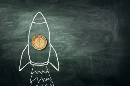 A chalk drawing of a rocket on a blackboard, with a real coin depicting Ethereum at the center, symbolizing financial growth or investment. 3D Renderingの写真素材