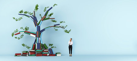 An artwork of a tree made from colorful books with a person looking at it, against a light blue...
