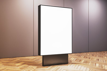 A blank white digital billboard mockup in a modern interior room with wooden flooring. Concept of advertising, display, and design template. 3D Rendering.の写真素材