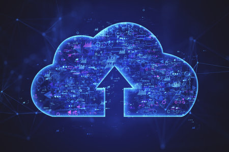 Digital cloud icon with an upward arrow, filled with various technology and data elements, all set against a dark background, representing the concept of cloud computing and data storage. 3D Renderingの写真素材