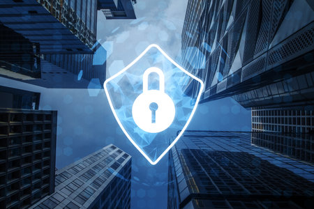 Digital lock icon overlay on a skyscrapers background symbolizing cybersecurity and data protection....