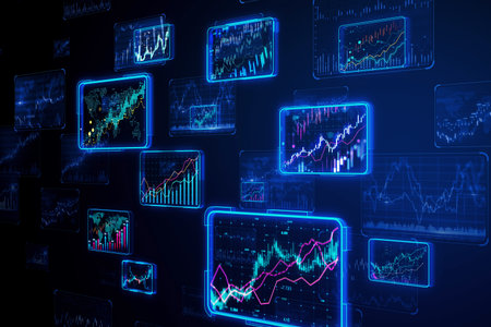Multiple floating financial charts in neon colors, digital style, on a dark background, concept of...