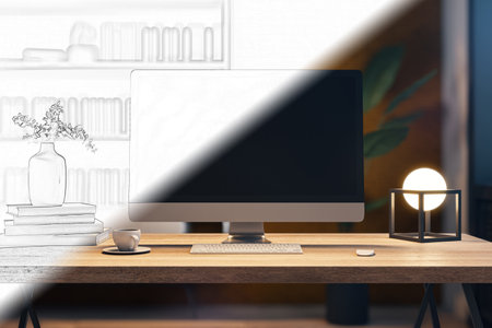 A modern desktop computer on a wooden desk with books, a cup, and lamp, in a stylized office interior, concept of technology. 3D Renderingの写真素材