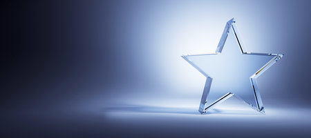 A glass star trophy on a blue gradient background. Clean and minimalist design representing achievement or recognition. D Rendering.の写真素材