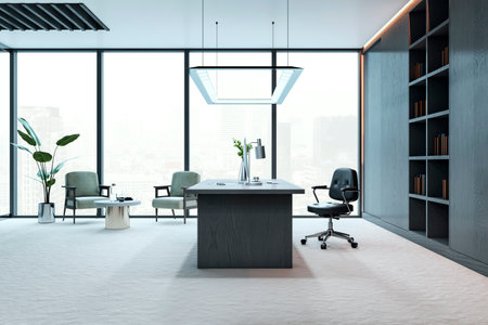 Modern executive office interior with desk, chairs, and bookshelf, against large windows with a city view, concept of luxury workspace. 3D Renderingの写真素材