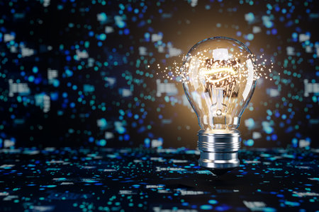 Creative glowing light bulb on bright tech backdrop. Innovation, technology, creativity and idea...