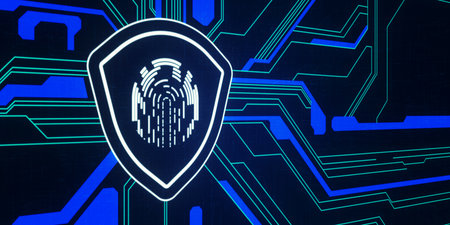 Creative glowing digital shield with fingerprint on dark circuit backdrop. Digital safety, secure...