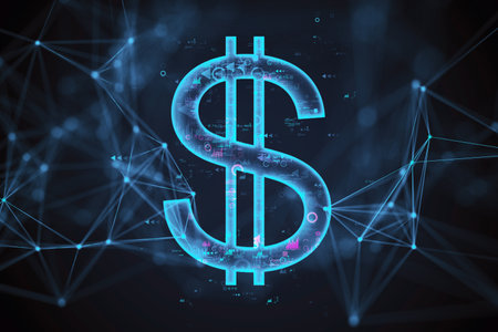 Glowing neon dollar sign with a digital tech design on a dark abstract backdrop. The image concept represents technology and finance integration. 3D Rendering.の写真素材