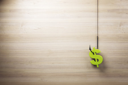 A hooked dollar sign hanging against a light wooden background. Represents phishing, fraud and cybercrime in a business and technology context. 3D Renderingの写真素材