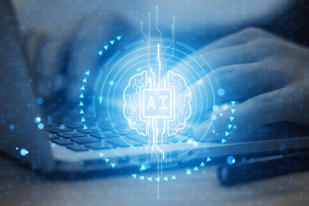 Holographic brain with AI symbol overlaying a person's hands typing on a keyboard. Futuristic style...