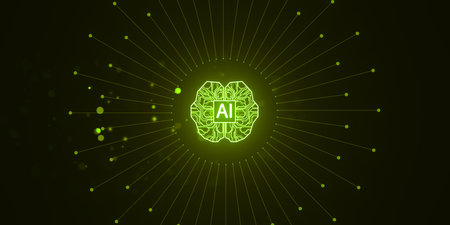Neon green AI brain circuit with radial lines on dark background. Futuristic technology concept...