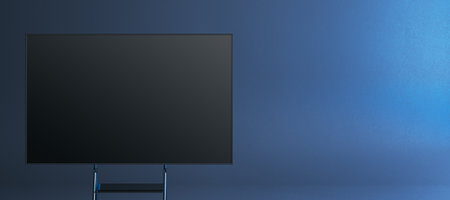 Empty screen on a stand. Modern interior style with blue background. Concept for presentation, training, or seminar. 3D Renderingの写真素材