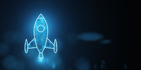 Digital wireframe rocket launch on a dark blue background. Concept of startup and tech innovation. 3D Renderingの写真素材