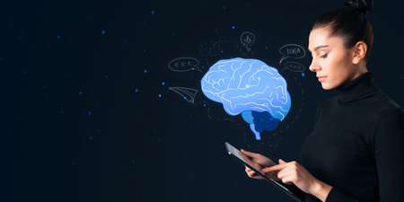Attractive young European businesswoman using smartphone with creative AI brain on dark background...