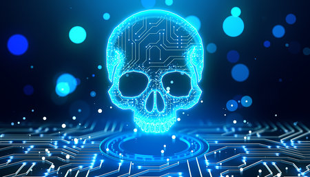 Neon blue skull with digital circuitry, hologram style, on a dark futuristic background. Concept of hacking, malware, cyberspace. 3D Renderingの写真素材