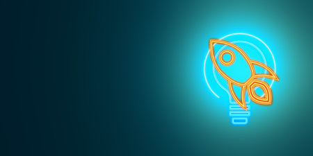 creative neon light bulb with rocket or spaceship icon on blue background with mock up place. Startup, new beginnings and ideas concept. 3D Renderingの写真素材