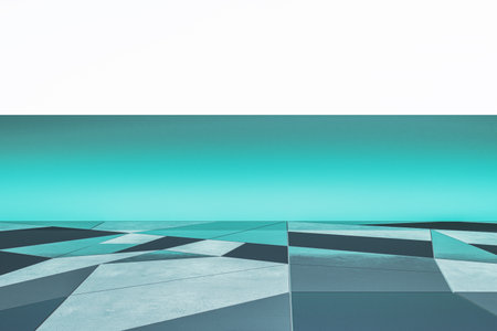 Contemporary white and blue geometric gallery interior with mock up place on wall. Exhibition and art concept. 3D Renderingの写真素材