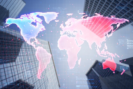 Creative glowing digital map on blurry city background. Interactive screen and global bookings...