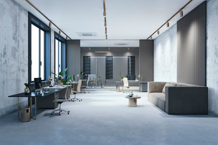 Modern gray office with panoramic windows and city view, glass partition, furniture and equipment. 3D Renderingの写真素材