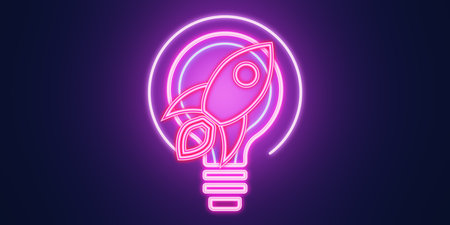 creative neon light bulb with rocket or spaceship icon on purple background with mock up place. Startup, new beginnings and ideas concept. 3D Renderingの写真素材
