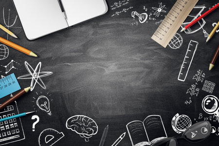 Blackboard with chalk drawings and various stationery items surrounding it. Sketch style on a dark...