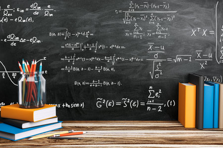 School supplies, including books and pencils, are arranged on a wooden desk with mathematical...