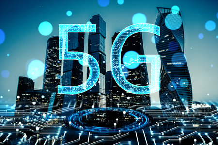 Creative glowing 5G circuit hologram on blurry bokeh circles night city background. Mobile internet...