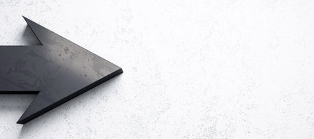 Black arrow pointing left on a white textured wall background. Minimalist design, front view....