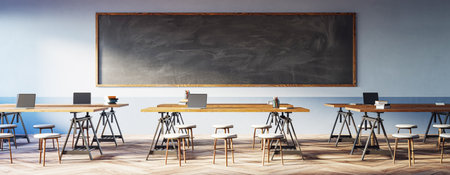 Empty modern classroom interior with wooden tables, stools, and a large blackboard on a clean wall. Concept of education. 3D Renderingの写真素材