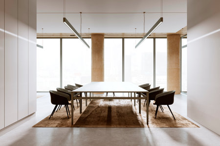 Modern conference room with large windows, minimalist design, and city view background. Contemporary...