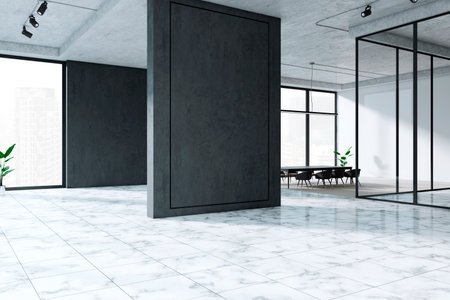 Spacious modern office interior with marble flooring and black partitions, large windows revealing a city view, and minimalistic decor. 3D Renderingの写真素材