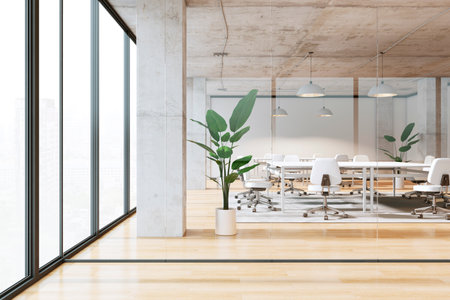 Modern conference room with glass walls, city view, white office chairs, wooden floor, and potted plants. Bright and clean corporate space. 3D Renderingの写真素材