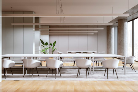Modern meeting room interior with window and city view, wooden flooring and glass partitions. 3D...